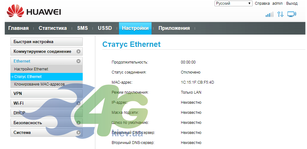 Статус Ethernet в Huawei B612s Статус Ethernet в Huawei B612s