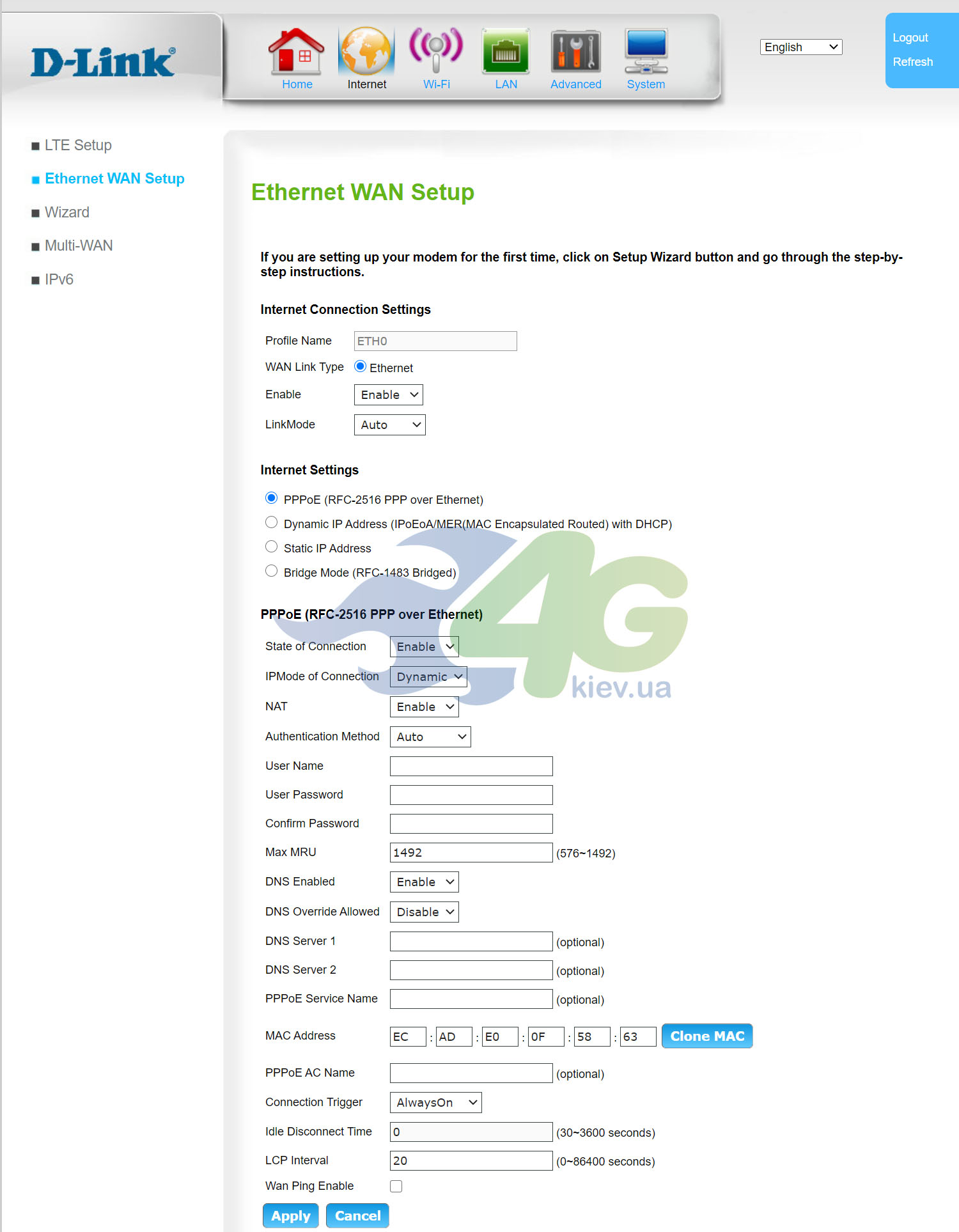Меню настроек D-Link DWR-953 - Ethernet WAN Setup Меню настроек D-Link DWR-953 - Ethernet WAN Setup